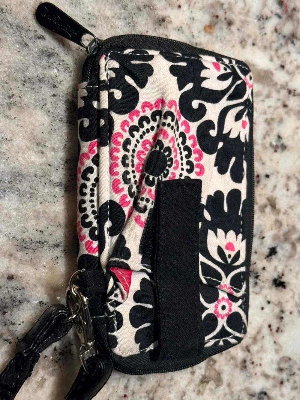 thirty-one Black and Pink Floral Wristlet with ID Window 6x3.5 inches